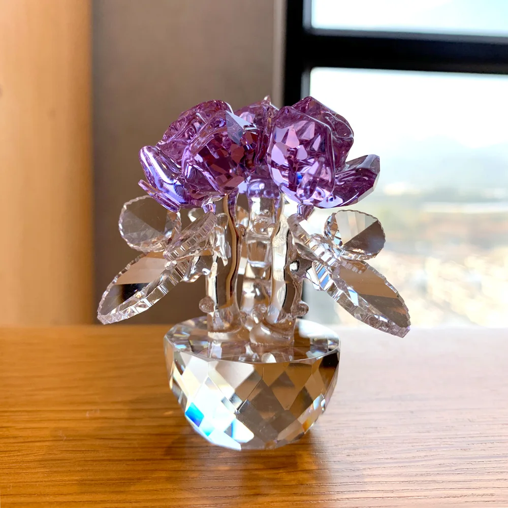 6 Colors Crystal Glass Rose Flower Figurines Unfading Bouquet Sculpture Home Car Ornament Decors Wedding  Valentine's Day Gift