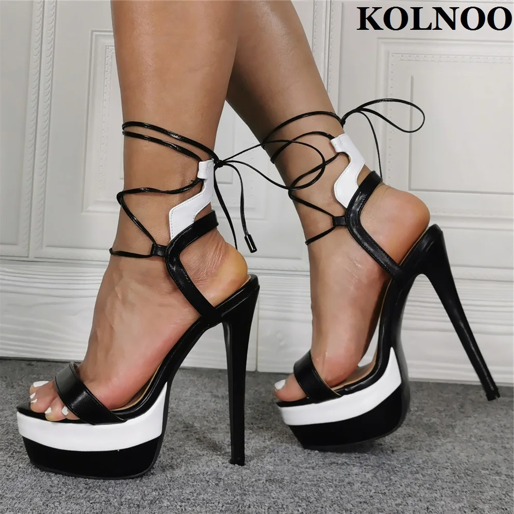 

Kolnoo New Classic Womens Handmade Stiletto Heel Sandals Patchwork Leather Crisscross Shoelace Sexy Platform Fashion Party Shoes