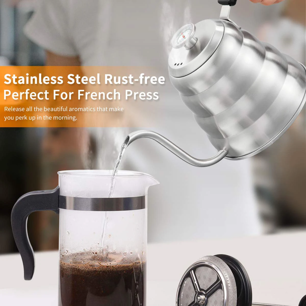 Pour Over Coffee Kettle with Thermometer Premium 304 Stainless Steel Gooseneck Tea Kettle Works on Stove and Any Heat Source