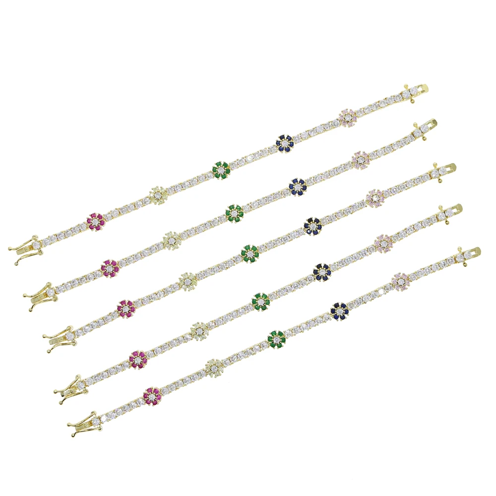 New Arrived Rainbow CZ Colorful Flower Tennis Link Chain Bracelet For Women Girls Iced Out Bling CZ Paved Daisy Flower Bracelet