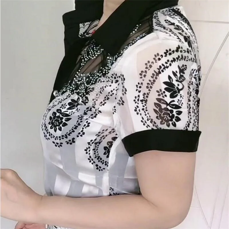 Kant Bloemen Shirts Voor Vrouwen Zomer Buitenlandse Stijl Tops Hot Boor Mesh Revers Vrouwelijke Dieptepunt Shirt Trend 2021 Vrouwen blouses