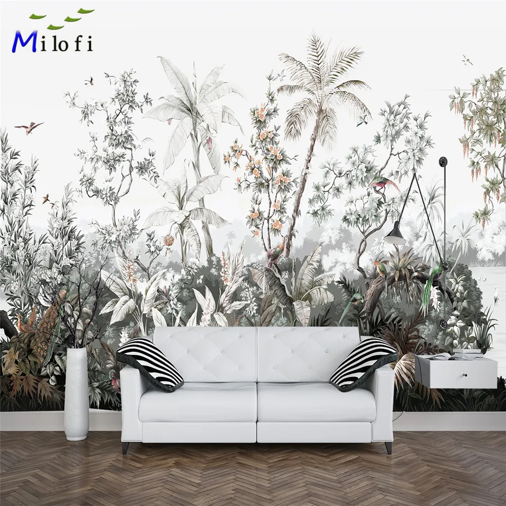 

Milofi customized 3D wallpaper hand-painted medieval mural tropical forest rain plant coconut tree TV decorative painting