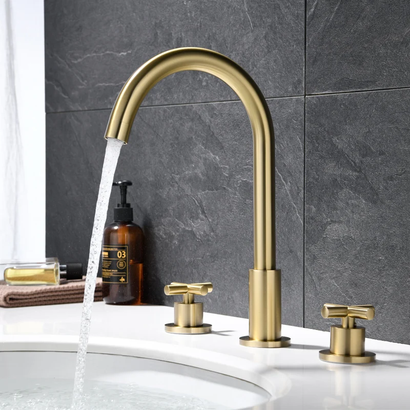 Luxury Brushed gold Brass Bathroom Sink Faucet Golden 3 Holes 2 Handles Cold hot water Basin Tap High Quality copper Bath Faucet