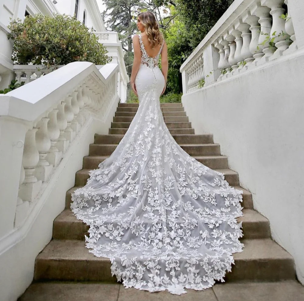 Vestido de novia sirena con cuello en V, sin espalda, Apliques de encaje, tul con lentejuelas, largo hasta el suelo, cola de barrido, precioso vestido de novia personalizado