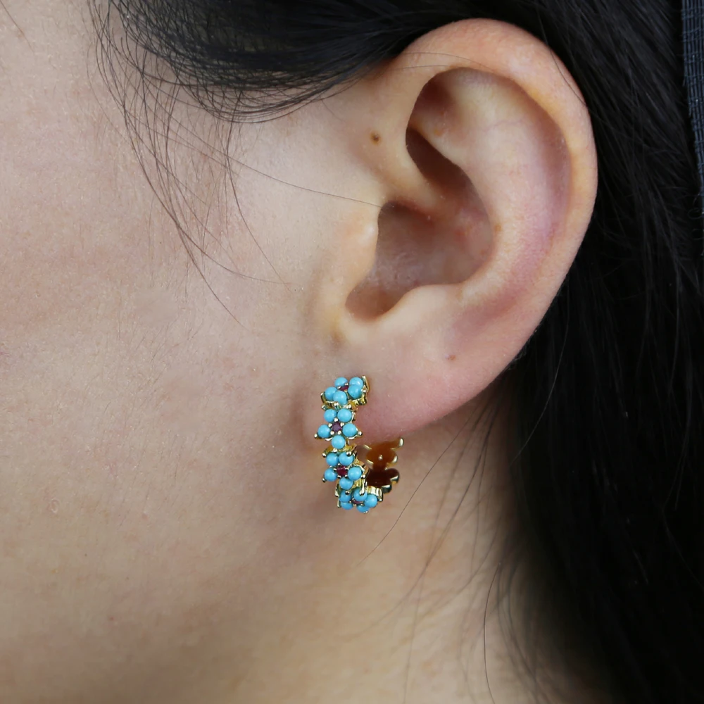 New Geometric Blue Turquoises Stone Flower Circle Hoop Earring Gold Color Simple Classic fashion women jewelry