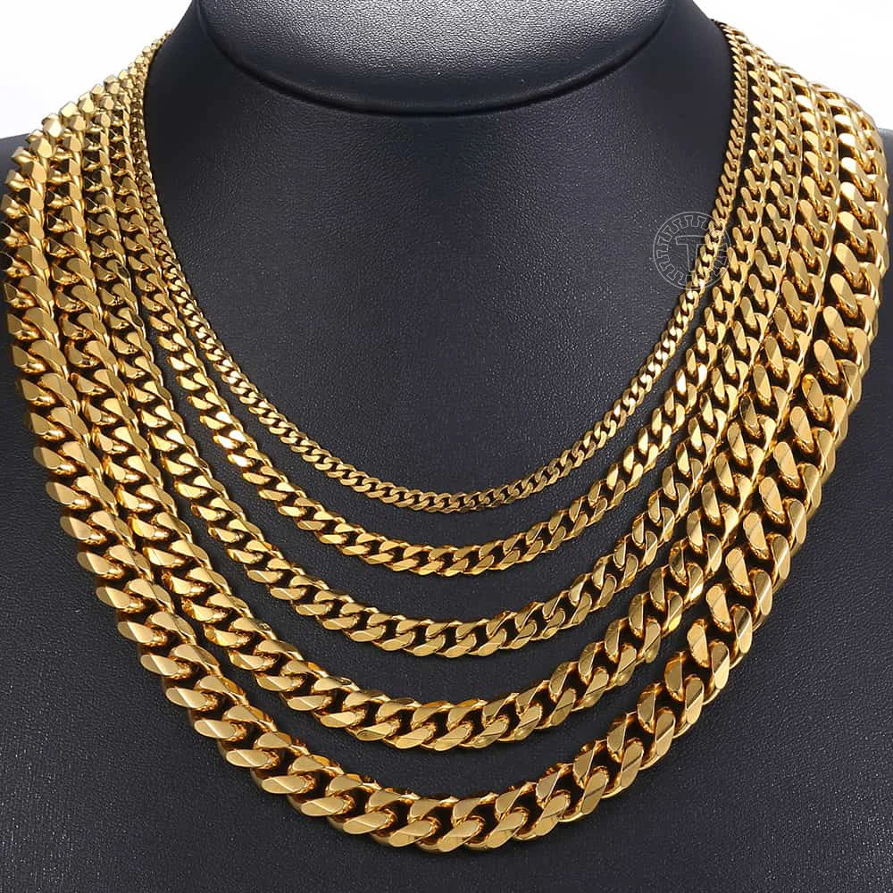 Davieslee Polished Chain Necklace for Men Curb Cuban Link Gold Silver Color Stainless Steel Mens Necklace 3 5 7 9 11mm LKNM154