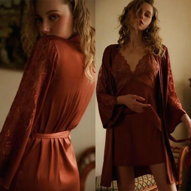 Lace Trim Women Satin ROBE Suit Sexy Loose Kimono Gown Summer Bridal Wedding Bathrobe&Nightgown Set Hollow Out Intimate Lingerie