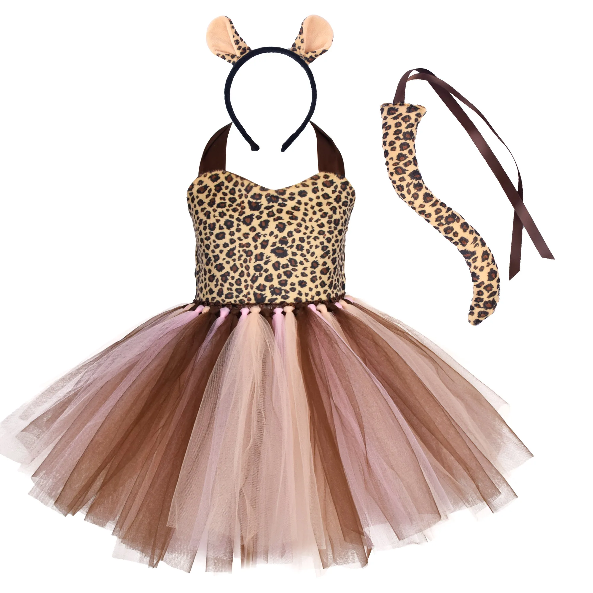 

Girls Leopard Printed Tutu Dress Kids Cosplay Costume Outfits Halloween Costume Birthday Party Dress Up Ears Headband Tail Set