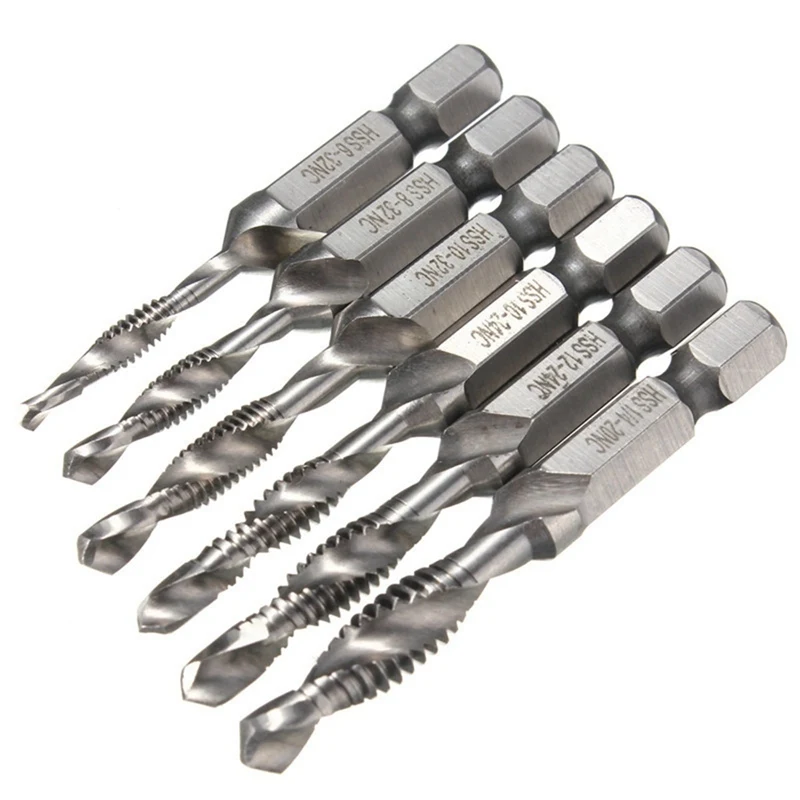 

HOEN 6pcs/Set 1/4” Hex Shank Magnetic Screw Tap Drill Bits Countersink Tap Bit Set High Speed Steel Quick Change Screwdriver