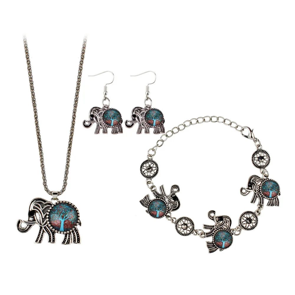 European And American Fashion Three Piece Bracelet Necklace Time Gem Life Tree Elephant Suit  Women Long Hip Hoptassel