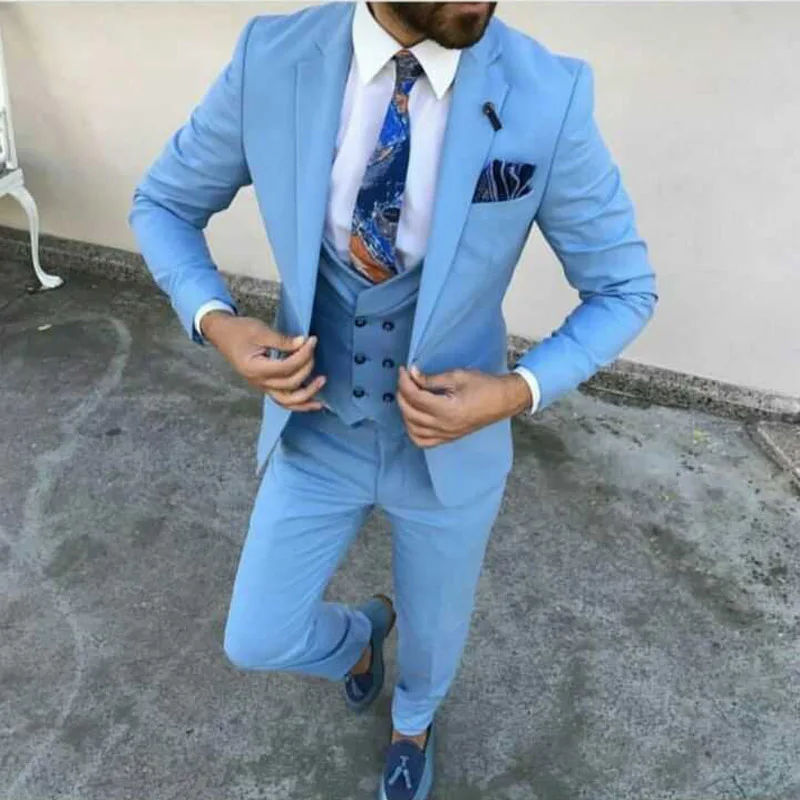 

Brand Men Suit 2023 Light Blue Men Suit (Jacket+Vest+Pants) Men Suits for Wedding Evening Party Groom Tuxedos Slim Fit