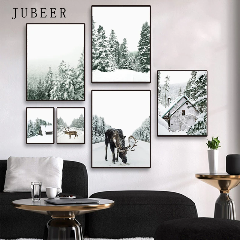 

Scandinavian Style Deer Posters and Prints Snow Wall Art Forest Canvas Painting for Living Room Minimalist Picture Home Deocr