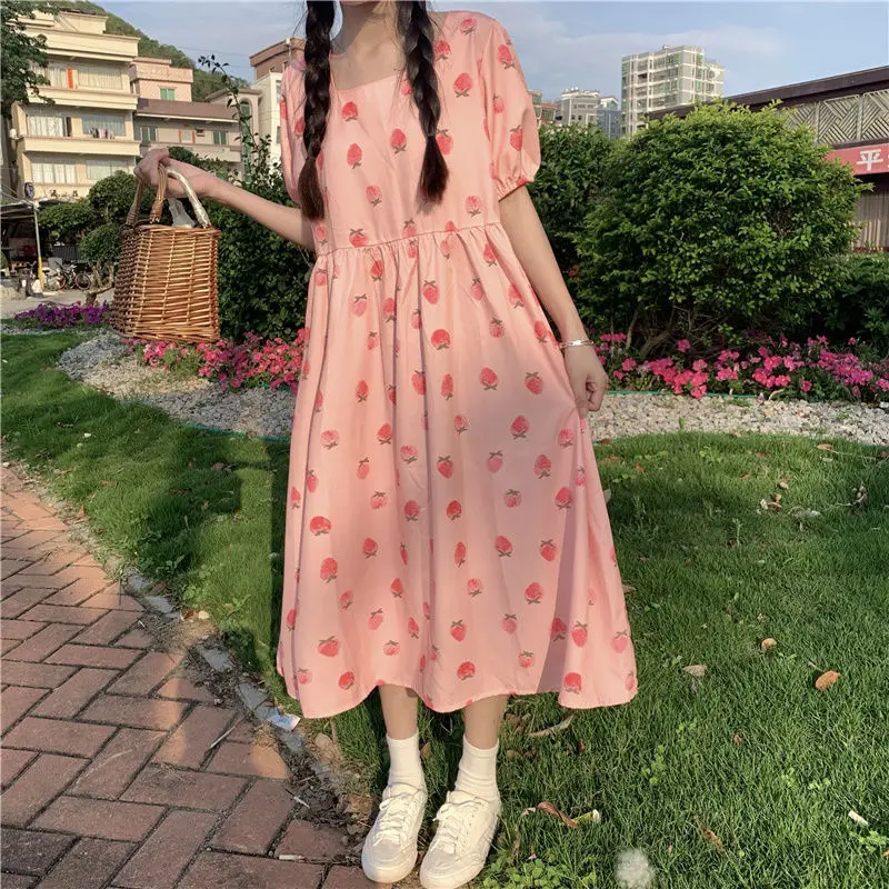 Pink Sweet Strawberry Dress Women Summer Japan Style Kawaii Fairy Long Dresses Ladies Y2k Casual Princess Korean One-piece Dress