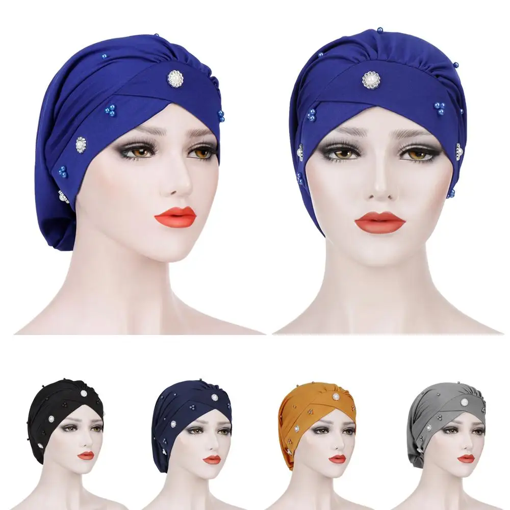 New Women Muslim Beads Cancer Cap Hat Bonnet Turban Headscarf Wrap Cap Hair Loss Elastic Skullies Beanies Arab Cover Fashion