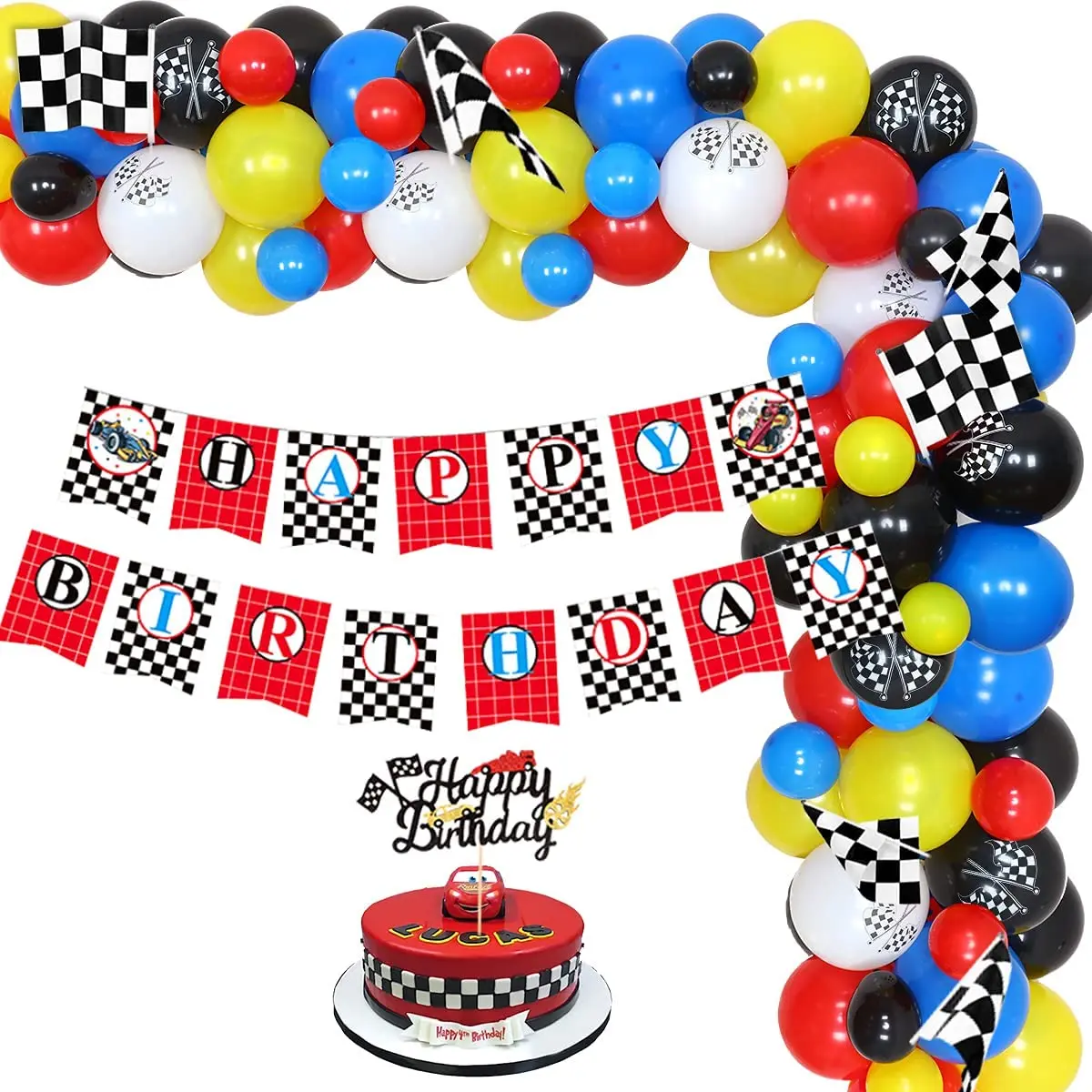 

Racing Car Birthday Party Decorations Balloon Garland Kit Checkered Flags Cake Topper for Boys 1st 2nd Birthday Party Supplies