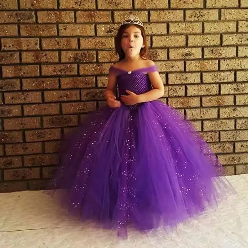 Girls Purple Glitter Princess Tutu Dress Kids Crochet Corset Sequin Tulle Dress Ball Gown Children Christmas Party Costume Dress