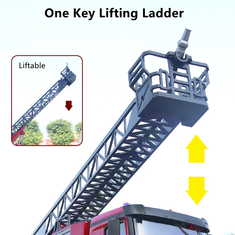 รถดับเพลิงจำลอง 22 ช่องสัญญาณ พร้อมบันได ปั่นฉีดน้ำด้วยปุ่มเดียว หมุนได้ 270 องศา คอนโซลควบคุมบันไดยกได้ เสียงและแสงไฟ ของเล่นบังคับวิทยุ 40 นาที