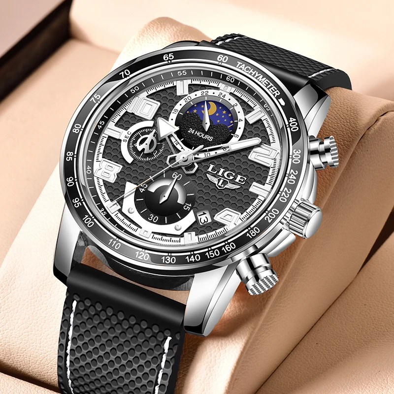 Relogio Masculino LIGE วันที่นาฬิกาข้อมือนาฬิกาควอตซ์ผู้ชายนาฬิกาแบรนด์หรู Chronograph กันน้ำซิลิโคนนาฬิกาข้อมือ