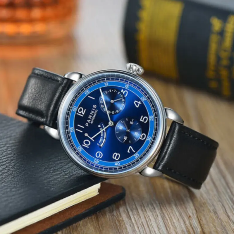 42mm PARNIS blue dial power reserve date window ST automatic mens watch