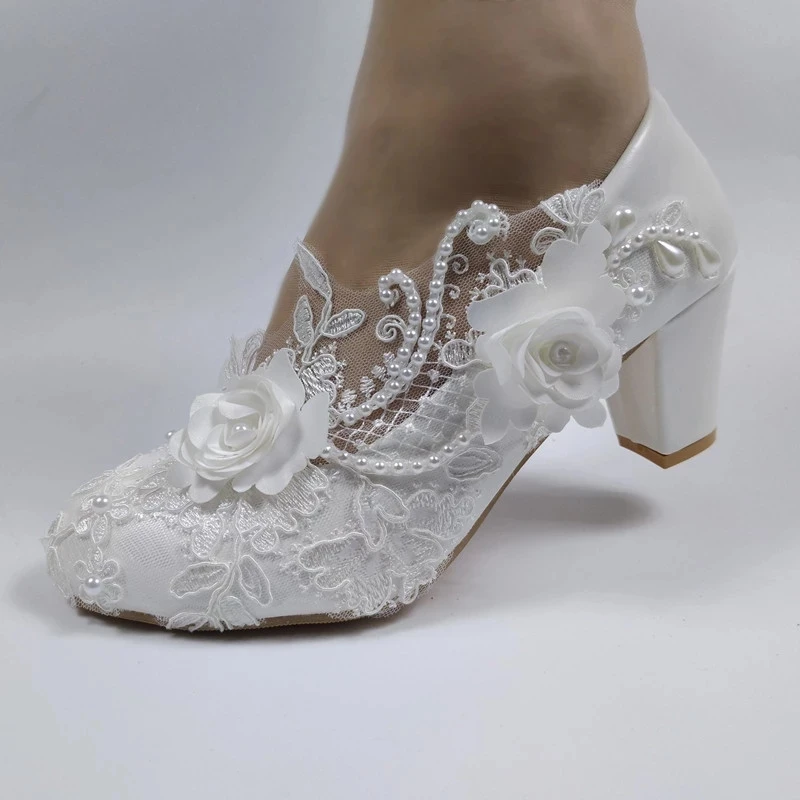 New Women White Flower Bride Wedding Shoes Party Dress Shoe Ladies Round Toe High Heel Pump Princess shoe Handmade customization