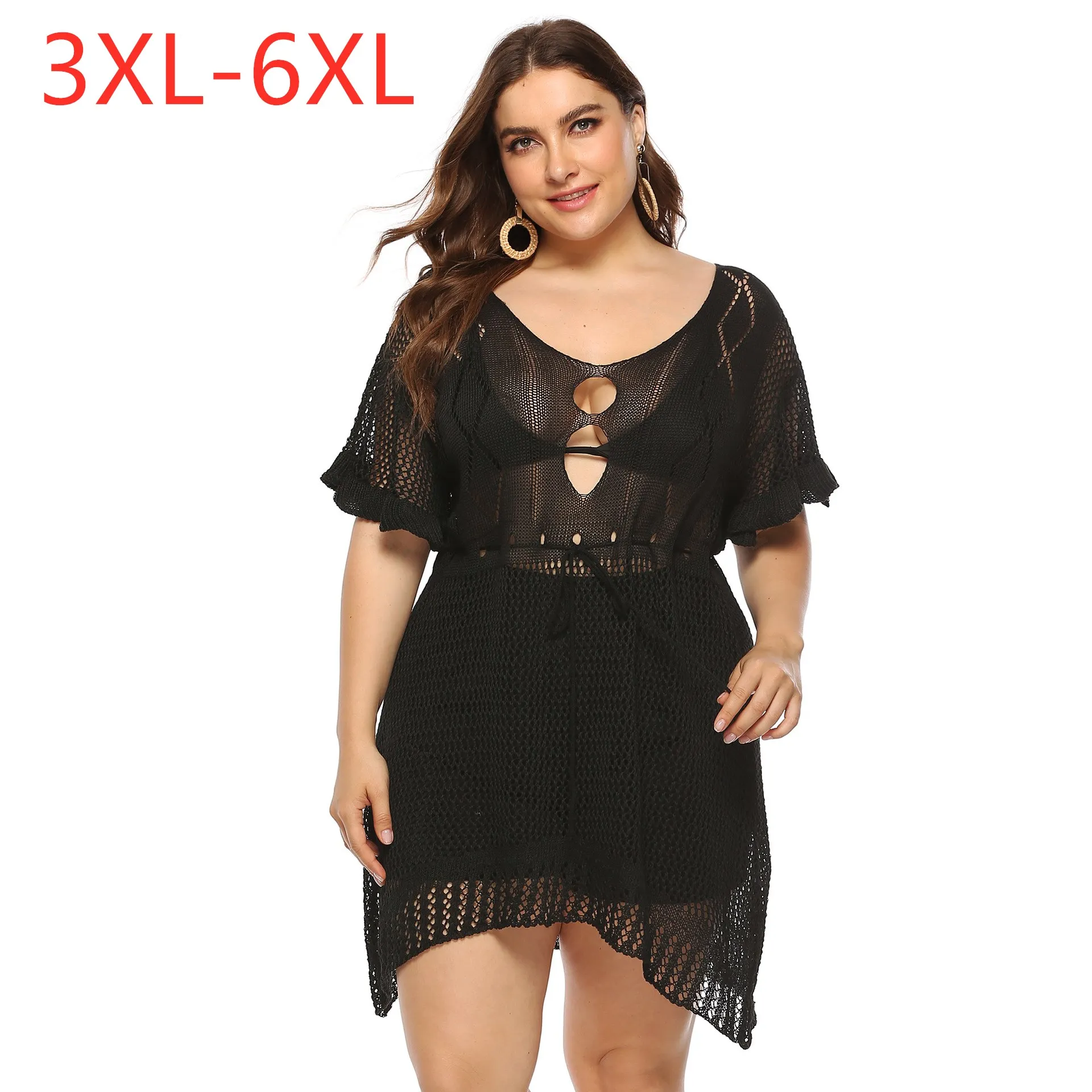 

New 2021 summer plus size knit dress for women large slim casual short sleeve hollow out black V-neck dress 3XL 4XL 5XL 6XL