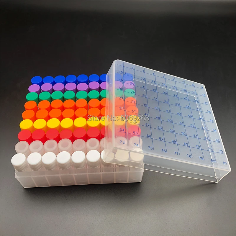 Tubo de congelación de plástico, caja de almacenamiento de 80 orificios con número, 1,8 mL, 81 unidades por lote