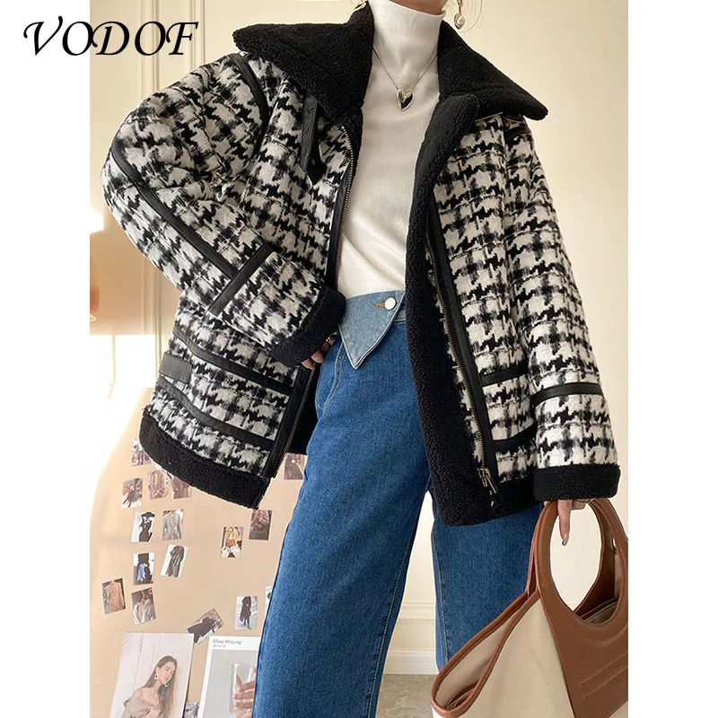 VODOF Lamb wool thickening and velvet Korean loose coat female short houndstooth wild spring new style