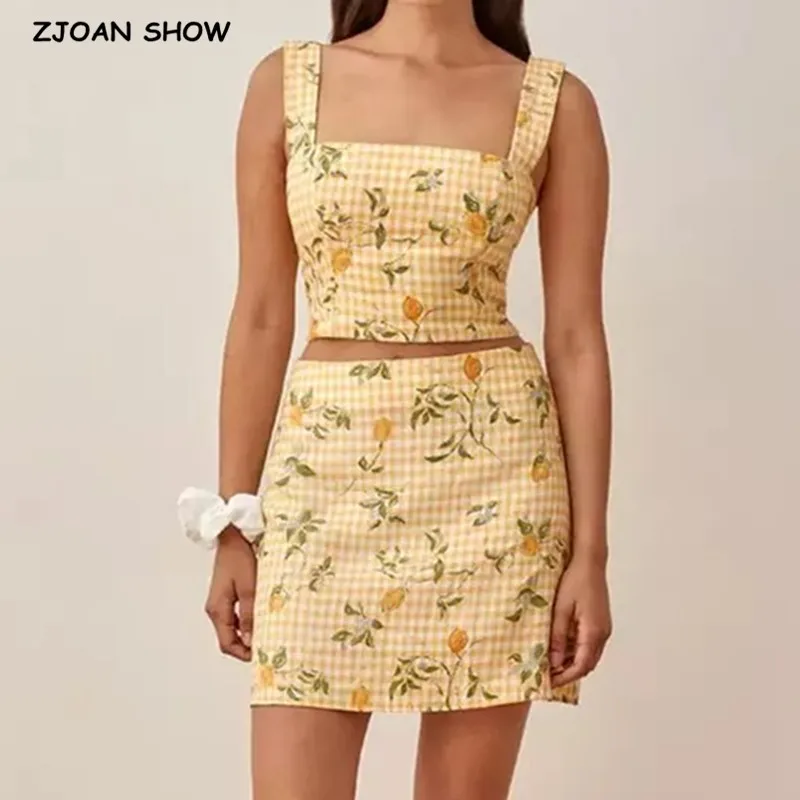 

2021 Chic Crop Top Floral Print Bra Tank Top Sexy Women High Waist Mini Short Skirt Ruched Back Camis 2 Pieces Set Yellow