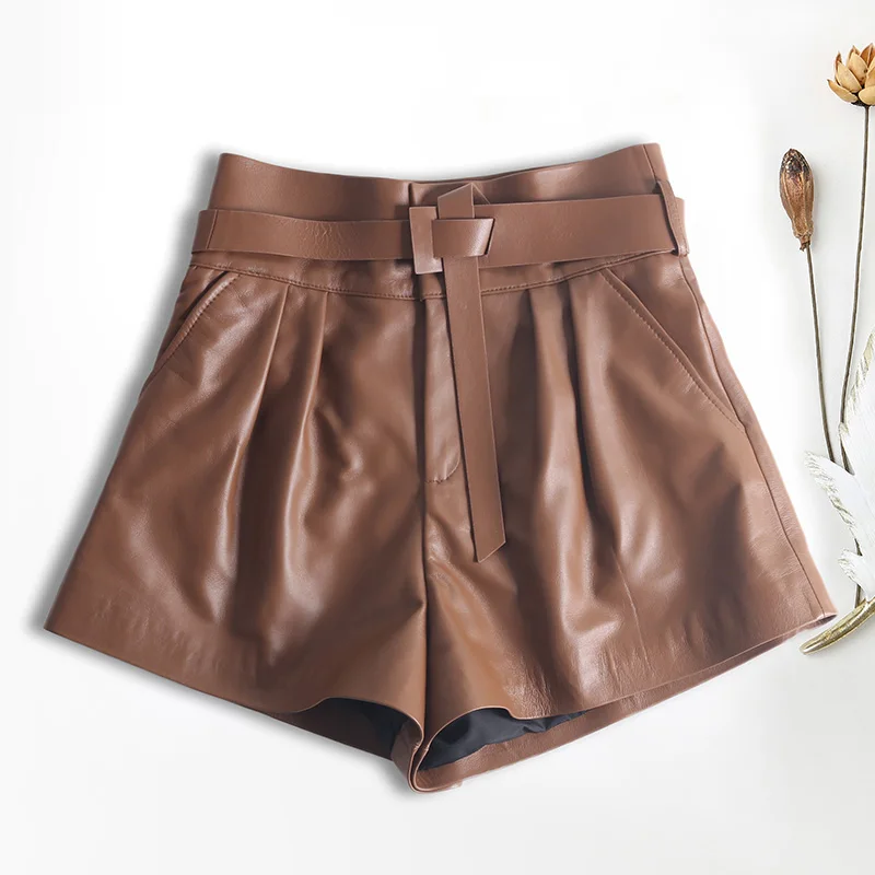 Women Harajuku Genuine Leather Bud Pleated Falbala Shorts With Belt Femme High Waist Brown/Green Casual Mujer Sexy Booty Shorts