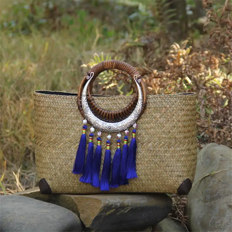 42x26CM Original Handmade Straw Bag Thai Rattan Straw Bag Seaside Holiday Retro Weaving Women Big Bag a6110