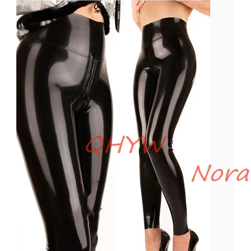 

Handmade Black Natural Latex High Waist Trousers Rubber Tight Pants Leggings with Crotch Zip for Women