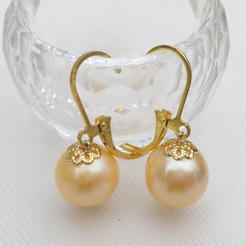 

Near Round 11-12mm Natural Golden Australia South Sea Pearl LeverBack Earrings Anniversary Wedding Daily Birthday Free Shipping