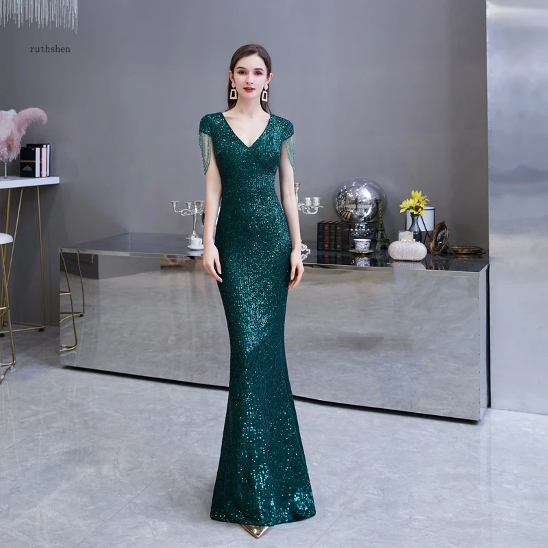 Sequined Maxi Dress Elegant V Neck Emerald Green Mermaid Formal Party Evening Dress With Beading