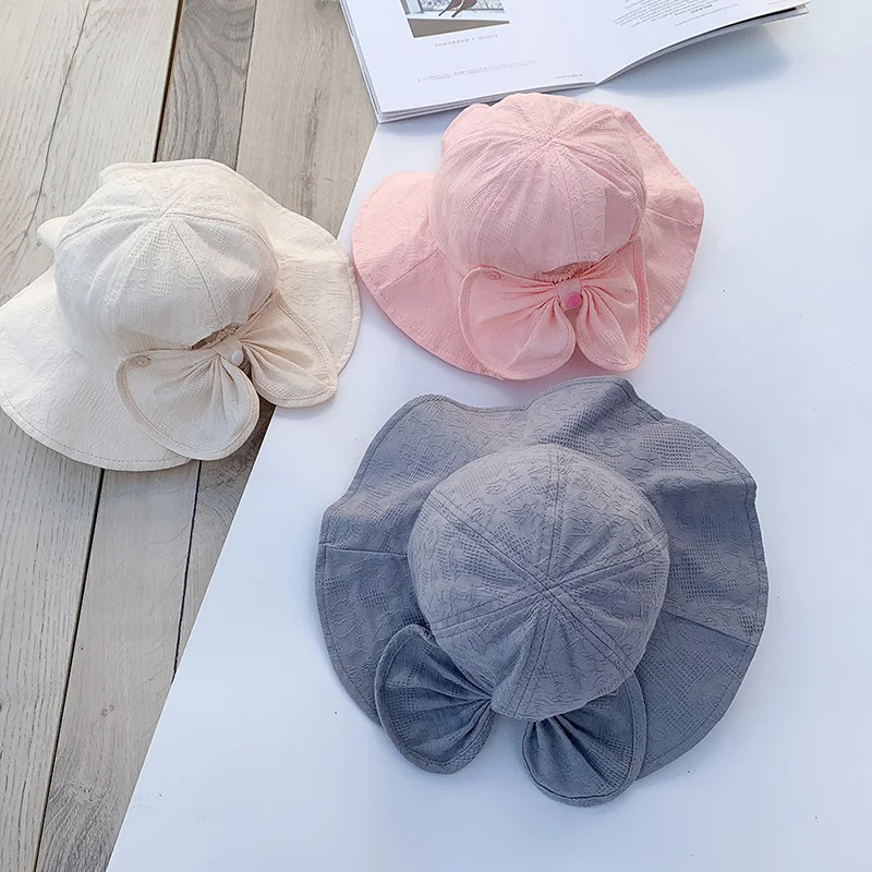 1-3Y Baby Bucket Hat for Girls Big Brim Bow Sun Cap Summer Beach Infant Fisherman Hats with Windproof Rope Baby Accessories