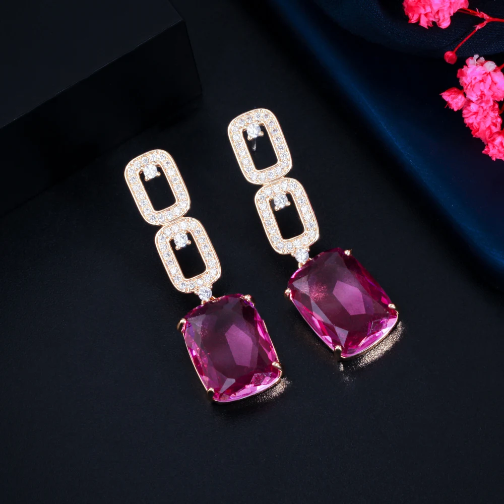 CWWZircons 2022 New Fashion Geometry Square Red Green Cubic Zirconia Crystal Long Dangle Drop Earrings Jewelry Pendientes CZ853