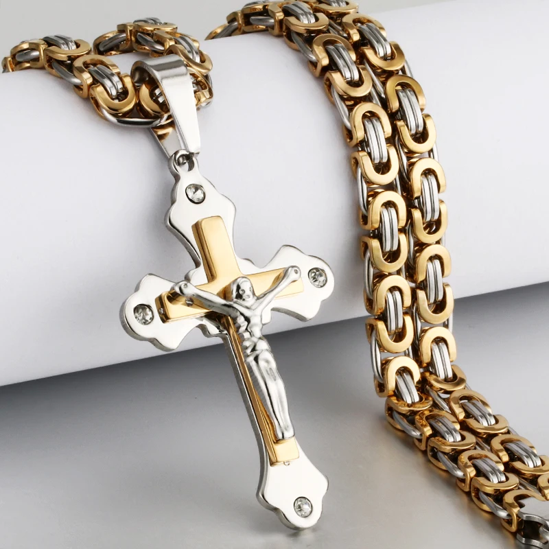 Byzantine Chain Crucifix Christ Jesus Pendant Necklace Multilayer Crystal Stainless Steel Cross Pendant Necklace Jewelry Gift