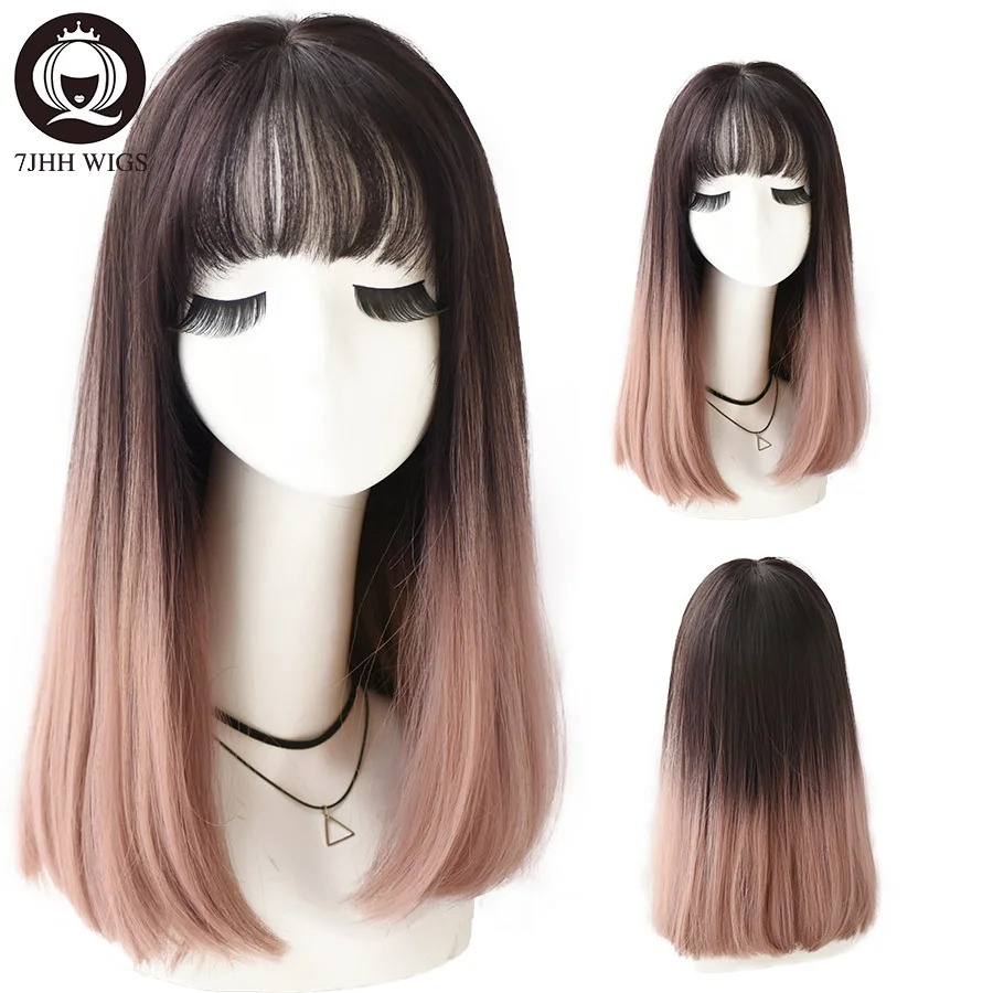 7JHH Purple Black Long Straight Hair With Bangs Wigs For Women Noble Lolita Wig Heat Resistant Synthetic Wigs Cosplay Or Party