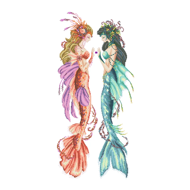 Mermaid sisters cross stitch kit fairy beads pattern design 18ct 14ct 11ct white counted canvas embroidery DIY needlework