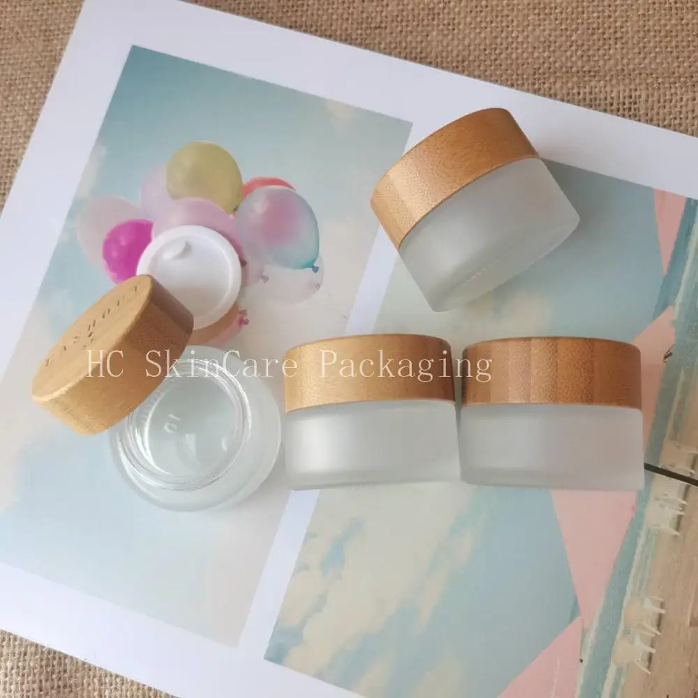 Wholesale Makeup Printing Logo Frosted Glass Skin Care Cream Packaging  Jar With Bamboo Lid For Cosmetic Body Lotion Containers