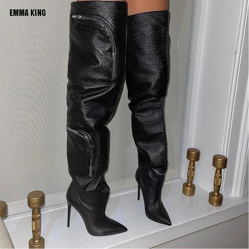 

Women Fashion Over The Knee Boots Lady Winter Pocket Boots Thigh High Heels Stilettos Sexy Pointed Toe Zipper Boots 35-44