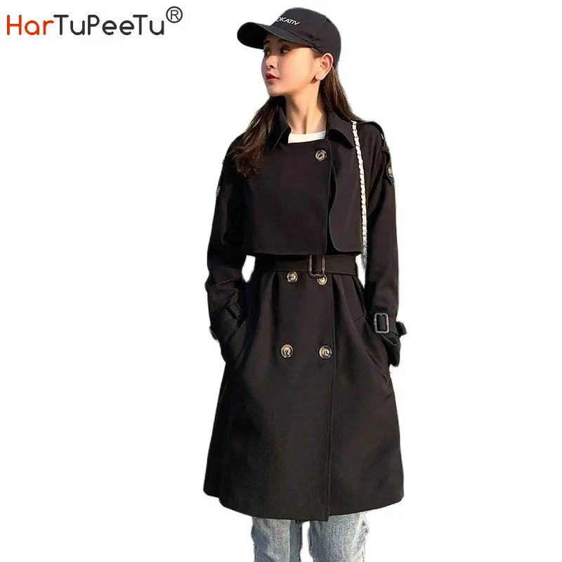 

Spring Autumn Girls Trench Coat Dress Korean Style Slim Fit Long Jacket with Belt Lady Khaki Black 3xl Fashion Outwear