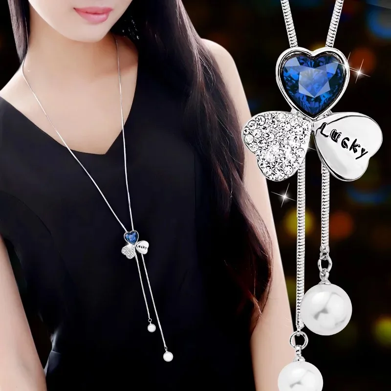 LWMMD Lucky Letter Fashion Sweater Chain Long Paragraph Sweater Necklace Gray Blue Crystal Pendant All-match Female Flower