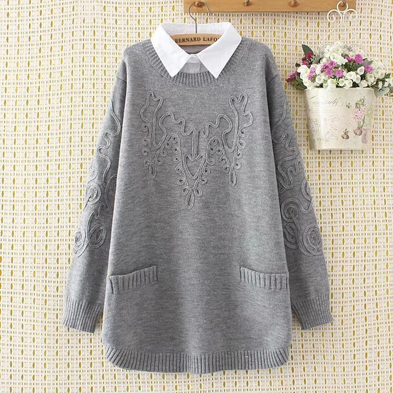 Autumn Winter Women Sweater Pullover New Fashion Shirt Collar Fake Two-piece Knitted Sweater Size 4XL Loose Female Jumper Tops