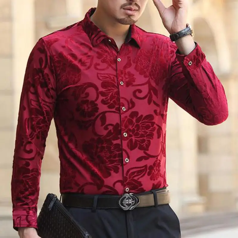 High Quality Black Velvet Dress Shirts For Mens Stretch Clothes Red Velour Mens Clothing Large Sizes Husband Party Dress Elegant