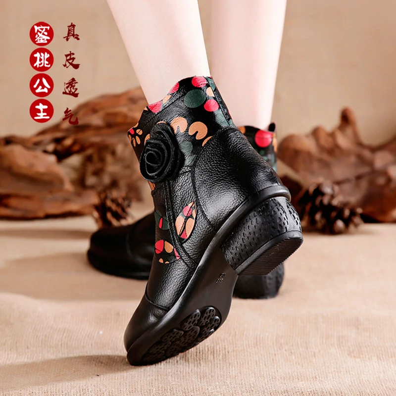 Xiuteng Retro Bohemian Women Boots Printed Genuine Leather Ankle Boots Vintage Motorcycle Booties Ladies Shoes Woman 2022