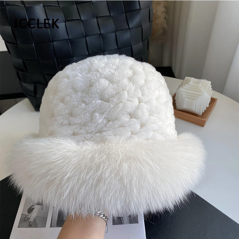 Women Winter Warm Real Rex Rabbit Fur Hat Ladies Elegant Bomber Hats Femal Fashion Genuine Fox Fur Caps Knitting Beanies Cap