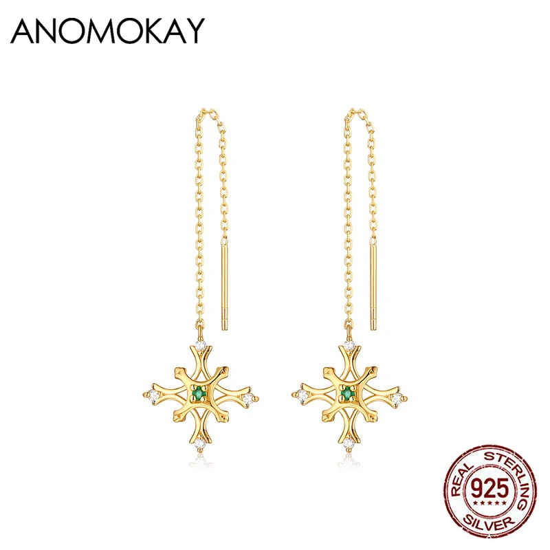 Anomokay Classic Green Crystal Snowflake Long Chain Drop Earrings for Party Wedding Real Sterling 925 Silver Long Earring Gift