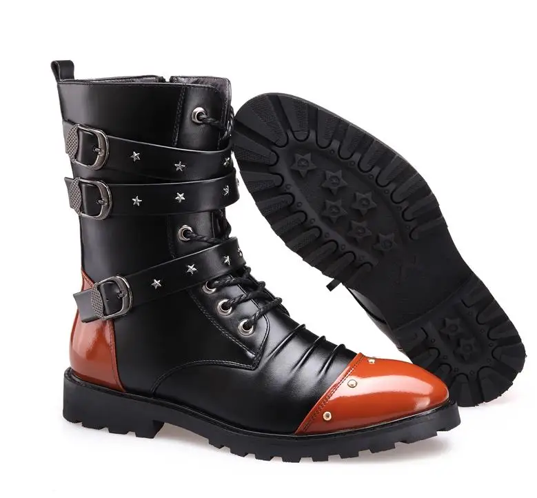 New Style Autumn Winter Punk  Boots Men Fashion Microfiber  Leather Motorcycle Boots Black Vintage High Top Buckle Boots