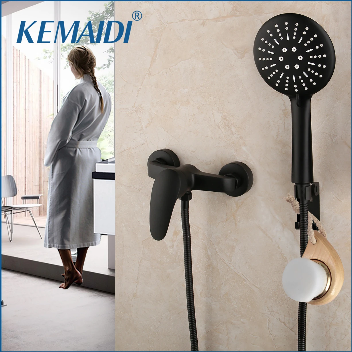 

KEMAIDI Bathroom Rainfall Shower Faucet Set Head Shower Set Black Shower Systerm Hot Cold Water Mixer Single Lever Faucets