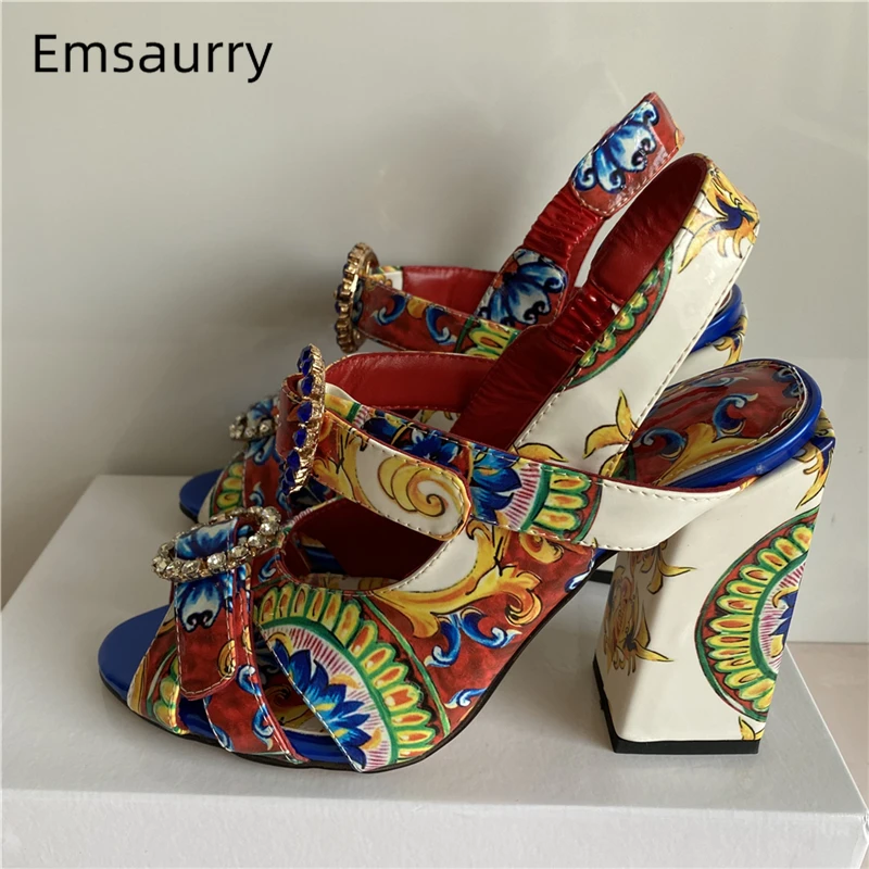 Exotic Summer 2024 Printed Color Sandals Women Ankle Strap Sexy Open Toe Square Heel Rhinestone Buckle Banquet Shoes Woman